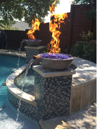 21 Inch Fire & Water Bowls in Charcoal with spillway kits, 6 inch fire rings, and dark blue fire glass